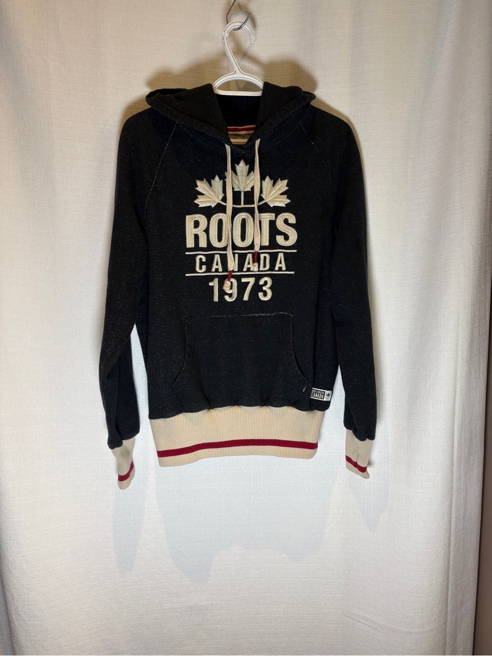 Unisex Roots Heathered Black  Hoodie w Contrast Stitch /Cream Trim & Red Stripe